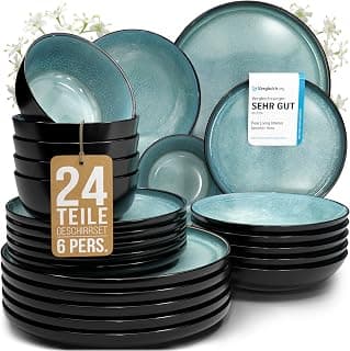 Steingut Geschirrset 6 Personen Ibiza 24 tlg. TESTSIEGER, Traumhaftes Mediterranes Steingut Geschirr Set, Schüssel- und Teller Set, Tafelservice 6 Personen, Geschirrsets Pure Living in Petrol