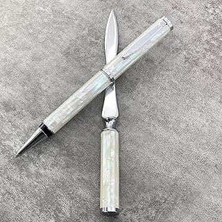 LACHIEVA LUX Perlweißer Muschel-Kugelschreiber aus Abalone-Metall mit Brieföffner-Set, Geschenk zum Schreiben, schönes Stift-Set für Männer und Frauen und jeden Urlaub (weiße Muschel)