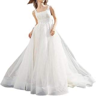 Damen Luxus Tüll Spitze Hochzeitskleid Quadratischer Ausschnitt Lange Applikation A-Linie Brautparty Kleid
