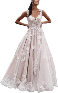 Damen Brautkleid Lang A-Linie Standesamt Hochzeitskleid Prinzessin Spitzen Brautmode Kleid, SEVENYXX, Ivory, 46