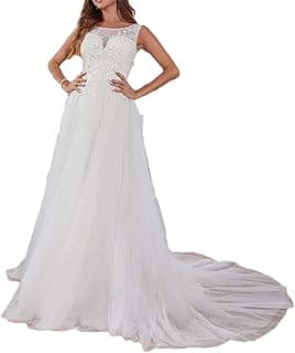 Damen Luxus Perlen Hochzeitskleid Lang Pailletten Tüll Ball A-Linie U-Ausschnitt Ärmellos Brautparty Kleid