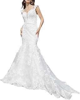 Damen Luxus Meerjungfrau Spitze Hochzeitskleid V-Ausschnitt Schulterfrei Tüll Braut Partykleid mit Langer Schleppe