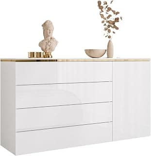 Lookway Kommode Aurora 4S1D Weiß Hochglanz mit Golddekor, Hängend oder Stehend auf Goldfüßen – Modernes Design & Luxus (Hängend)
