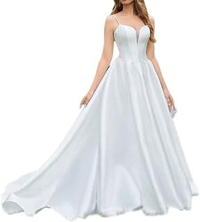 Damen Satin Hochzeit Ballkleid V Ausschnitt Spaghettiträger Raffhalter Brautparty Kleid