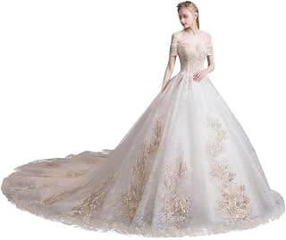TAIGUHUI Schulter Prinzessin Fantasy Long Tailing Luxus Super Fee Starry Brautkleider Hochzeit, Weiß, s