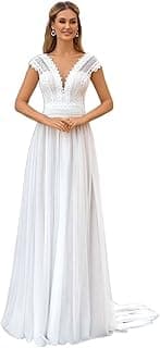 WYFDMNN Neue Boho Strand Hochzeitskleider Spitze v Ausschnitt Back Out Hochzeitskleider für Braut Flügelärmel Sweep Train, Weiß, 44