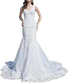 Damen Luxus Braut Meerjungfrau Spitze Hochzeitskleid Ärmellos Rückenfrei Lange Schleppe V Ausschnitt Brautkleid