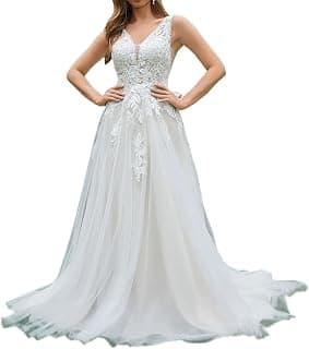 Damen Luxus Spitze Hochzeitskleid V-Ausschnitt Rückenfrei Tüll Ball Lang Brautkleid Partykleid