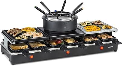 Klarstein Fonduelette XL - 3-in-1 Raclette-Grill & Fondue, 1650 Watt: Metall- /Naturstein-/Crêpesplatte, 3 separate Edelstahl-Heizelemente, bis 12 Personen, Antihaftbeschichtung, schwarz