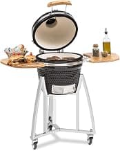 Klarstein Queensize Kamado-Grill - zum Grillen, langsamen Garen, Smoken oder Backen, abnehmbare Seitenteile, Materialien: Keramik, Edelstahl, Bambus, Thermometer von 0-450 °C, 3 Rollen, schwarz