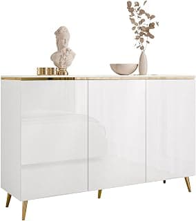 Lookway Kommode Aurora 3D– Weiß Hochglanz mit Golddekor, Hängend oder Stehend auf Goldfüßen – Modernes Design, Luxus & Stauraum (schräge Gold Chrom Beine)