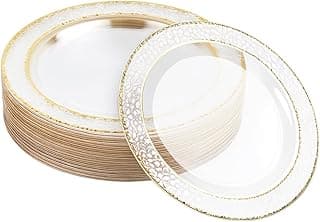 MATANA 100 Premium Transparente Plastikteller mit Goldrand, 26cm - Mehrweg Kunststoffteller, Partyteller Gold für Hochzeiten, Geburtstage, Partys - Elegantes & Stabiles Partygeschirr
