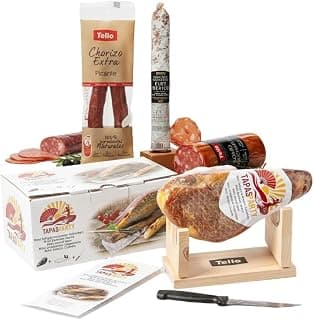 Spanisches Tapas Party Deluxe Set | Mini Serrano Schinken (1kg) mit Ständer & Messer + Chorizo, Lomo, Fuet | Gourmet Geschenkkorb & Feinkost aus Spanien