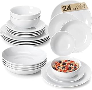 MALACASA Geschirrset 6 Personen, Amelia 24-tlg Modernes Porzellan Geschirr Set, Tafelservice mit je 6 Speiseteller, Dessertteller, Suppenteller und Müslischalen, Teller Set 6 Personen - Weiß