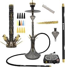 DIAMOND HOOKAH Premium HURCACANN Shisha KOMPLETTSET, Shisha Edelstahl mit 4 Anschlüsse + Mundstücke + Kohlenanzünder 1000 Watt 18/8 Schliff, Molassefänger (Huracann 12.0 BLK)