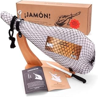 Jamon-Box Nr. 2 - Serrano-Schinken 6,5kg im Geschenk-Set mit Zubehör - 12 Monate gereifter Hinterschinken aus Spanien inklusive Schinkenständer, Schinkenmesser & Schneide-Anleitung von jamon.de