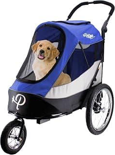 Petique Trailblazer Jogger Hundebuggy für mittelgroße Hunde & Katzen – luftgefüllte Reifen, 3 Leinen, Peek-a-Boo-Fenster, faltbar, großer Stauraum – Blau Haustierwagen