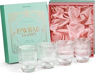 GLASSIQUE CADEAU Vintage Art Deco Gerippte Kristall Gin, Rum, Wodka Cocktailgläser | 4er Set | 340 ml Geriffelte Stapelbare Trinkgläser für Cocktails | Ausgefallene Kristallgläser Geschenkset