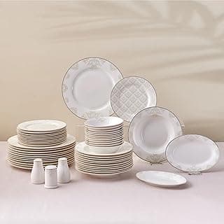 Karaca Elegance Bone Siena - 53-teiliges Geschirrset für 12 Personen, Modern Teller Set aus Porzellan, Geschirr Set mit Suppenschalen, Servierplatte, Tiefe Teller, Dessertteller - Weiß & Gold