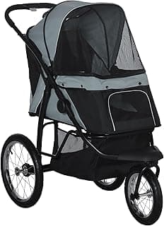 PawHut Hundewagen Hundebuggy klappbar für Hunde & Katzen bis 20 kg Katzenwagen mit geländegängige Gummiräder Kissen Netzfenstern Türen Katzenbuggy mit Aufbewahrungskorb Buggy Grau