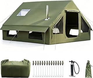 Aufblasbares Campingzelt mit Kaminöffnung & Dachfenster, Aufblasbare Zelt für 2-10per mit Luftpumpe, Zelt Aufblasbar aus Wasserdichtem Oxford-Stoff für Jahreszeiten, Schneller Aufbau Luftzelte