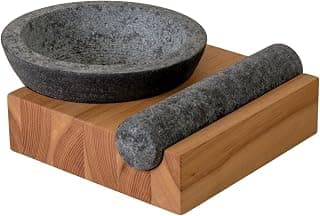 Holcomb Barschmörser & Stößel, schwere Granitsteinmühle mit abgewinkeltem Eschenholzsockel, handgefertigt, moderner Gewürzzerkleinerer für Pesto, Kräuter, Curry - Luxus Guacamole Schüssel & Stampfer