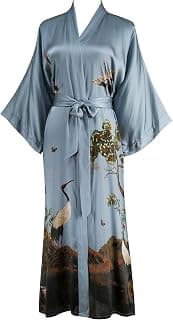 Damen Seide Kimono Robe Lang Bademantel, 100% Seide - klassische Floral Morgenmantel Nachthemd