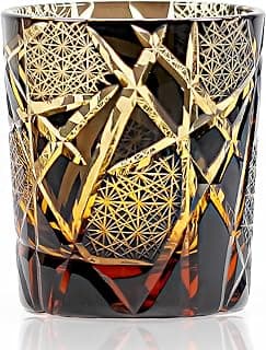 Japanisches Kiriko Whiskyglas handgefertigt Kiku Tsunagi Kristall - Whisky Geschenkset Degustationsglas fur Bourbon Scotch Whiskey - Tumbler Geschenkidee fur Manner (Amber, 250ml)