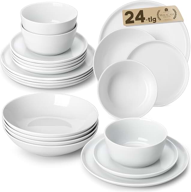 MALACASA Geschirrset 24-teilig, Porzellan Schüssel und Teller Set, Tafelservice 6 Personen, Weiße Speiseteller & Schalen, Rundes Essgeschirr Set, Spülmaschinen- & Mikrowellengeeignet, Serie LEXI