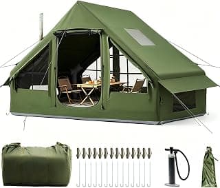 Aufblasbares Campingzelt mit Kaminöffnung & Dachfenster, Aufblasbare Zelt für 2-10per mit Luftpumpe, Zelt Aufblasbar aus Wasserdichtem Oxford-Stoff für Jahreszeiten, Schneller Aufbau Luftzelte