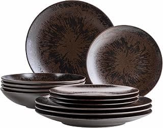 MÄSER Metallic Bronze, 12-teiliges Tafelservice für 4 Personen mit edel glänzender Glasur, Teller Set mit Speiseteller, Suppenteller und Dessertteller aus hochwertiger Keramik, Steinzeug, Braun