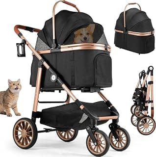 MAMIZO 4 in 1 Hundewagen, Hundebuggy bis 25kg, 4 PCS Gummiräder mit Stoßdämpfung, Faltbar Hund Kinderwagen, Hunde Buggy, Hundebuggy Hunde, Geländegängig, Katzenwagen, Schwarz