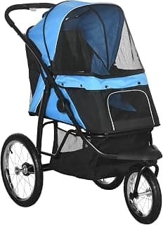 PawHut Hundewagen Hundebuggy klappbar für Hunde & Katzen bis 20 kg Katzenbuggy mit geländegängige Gummiräder Kissen Netzfenstern Türen Katzenwagen mit Aufbewahrungskorb Buggy Blau