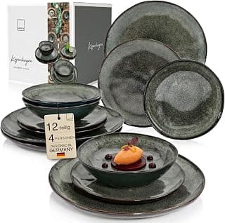 SÄNGER | Teller Set Kopenhagen 12 tlg, Steingut Geschirr Set 4 Personen, Tafelservice inkl. Essteller Frühstücksteller & Tiefe Teller, Speiseteller Set Spülmaschinenfest Grün Grau | PREMIUM COLLECTION