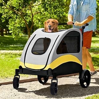 BingoPaw XXL Hundebuggy Große Hunde: Schwerlast Hundewagen bis 65kg, Dog Stroller Hundekinderwagen mit 4 Rädern, 3 Netzfenstern, Verstellbarer Griff, Haustier Transportwagen Hunde Jogger Buggy