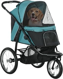 PawHut Hundewagen Hundebuggy klappbar für Hunde & Katzen bis 20 kg Katzenbuggy mit geländegängige Gummiräder Kissen Netzfenstern Türen Katzenwagen mit Aufbewahrungskorb Buggy Dunkelgrün