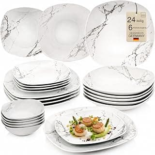 SÄNGER | Tafelservice Bilgola Marmor, 24-teiliges Geschirrset für 6 Personen mit Suppen-, Dessert-, Speisetellern & Müslischalen aus Porzellan, Teller Set, Essgeschirr, Eckig | PREMIUM COLLECTION