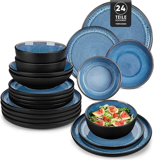 Geschirrset 6 Personen, vancasso PLAYA Steingut Geschirr set 24tlg für 6 Personen, Blau Tafelservice mit Teller set, Suppenteller, Schalen & Salattellern, Spülmaschinenfest, Mikrowellengeeignet