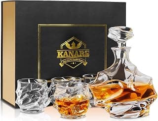 KANARS Whiskey Gläser und Karaffe, 750 ml Whisky Dekanter mit 4x 320 ml Gläser für Cognac, Whisky, Martini, Scotch, Bleifrei Kristallgläser, 5-Teiliges Set